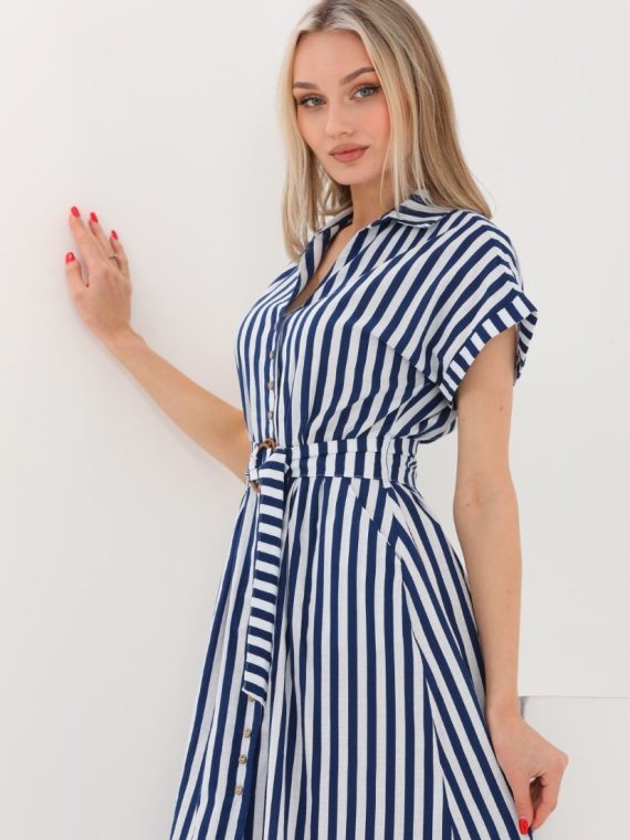 Beli Kemerli Düğmeli Uzun Elbise