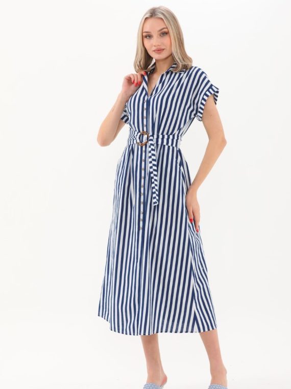 Beli Kemerli Düğmeli Uzun Elbise