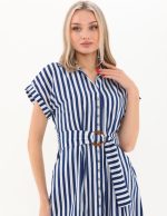 Beli Kemerli Düğmeli Uzun Elbise