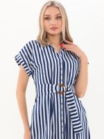 Beli Kemerli Düğmeli Uzun Elbise