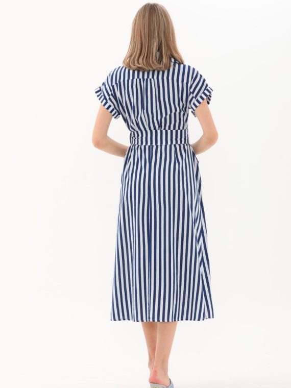 Beli Kemerli Düğmeli Uzun Elbise