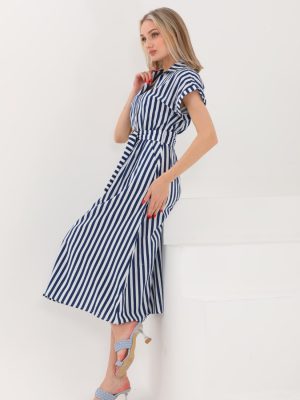 Beli Kemerli Düğmeli Uzun Elbise