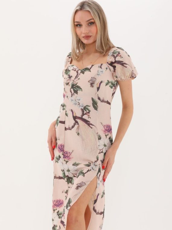 Önden Yırtmaçlı Balon Kol Detaylı Elbise