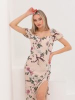 Önden Yırtmaçlı Balon Kol Detaylı Elbise