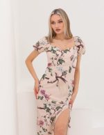 Önden Yırtmaçlı Balon Kol Detaylı Elbise