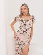 Önden Yırtmaçlı Balon Kol Detaylı Elbise