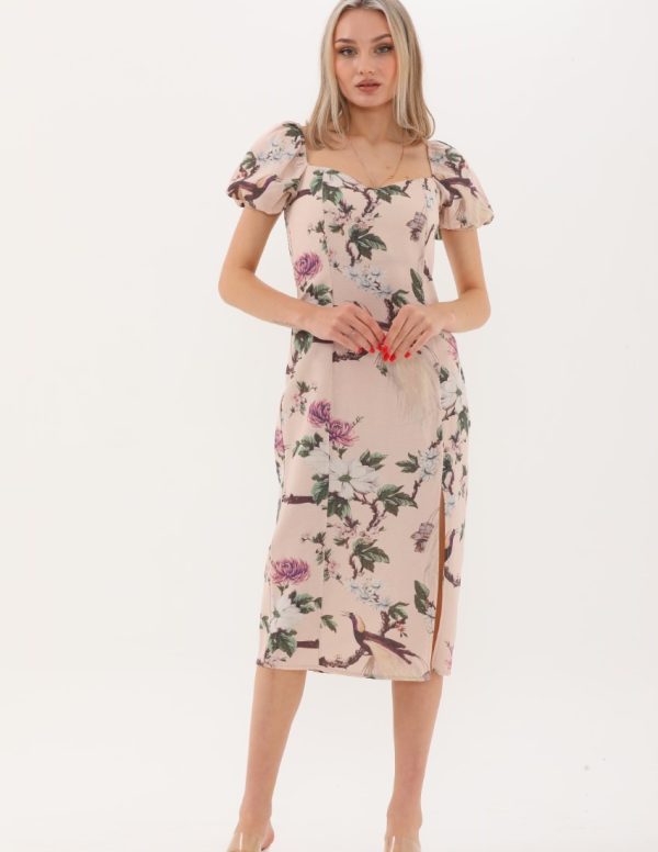 Önden Yırtmaçlı Balon Kol Detaylı Elbise