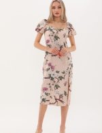 Önden Yırtmaçlı Balon Kol Detaylı Elbise