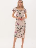 Önden Yırtmaçlı Balon Kol Detaylı Elbise