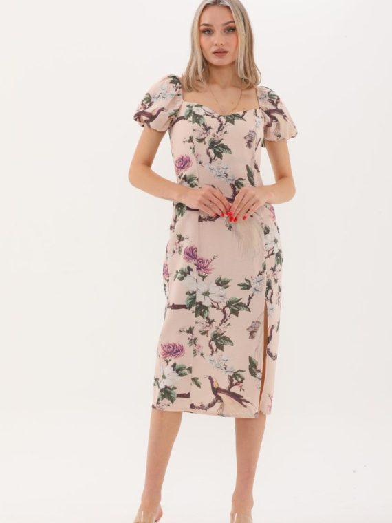 Önden Yırtmaçlı Balon Kol Detaylı Elbise