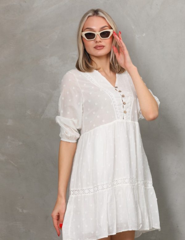 Puantiye Vual Dantel Detaylı Kısa Elbise