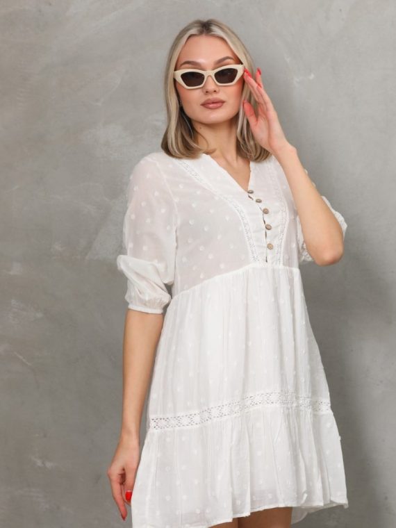 Puantiye Vual Dantel Detaylı Kısa Elbise