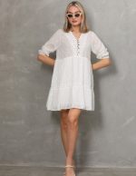 Puantiye Vual Dantel Detaylı Kısa Elbise