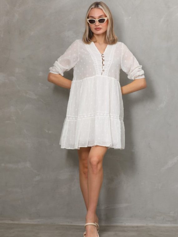 Puantiye Vual Dantel Detaylı Kısa Elbise