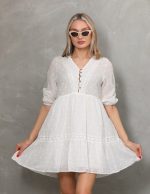 Puantiye Vual Dantel Detaylı Kısa Elbise