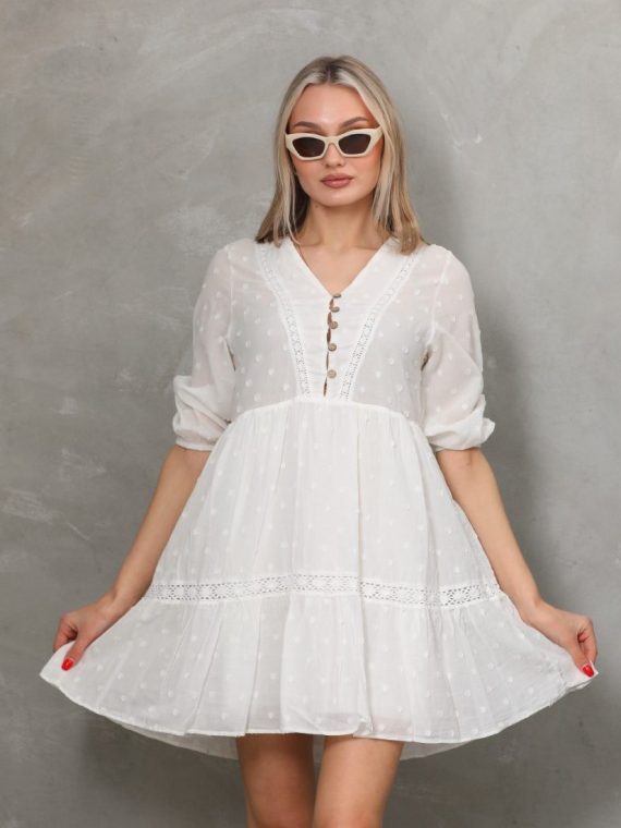 Puantiye Vual Dantel Detaylı Kısa Elbise