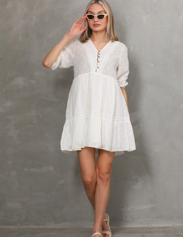 Puantiye Vual Dantel Detaylı Kısa Elbise