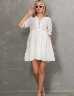 Puantiye Vual Dantel Detaylı Kısa Elbise