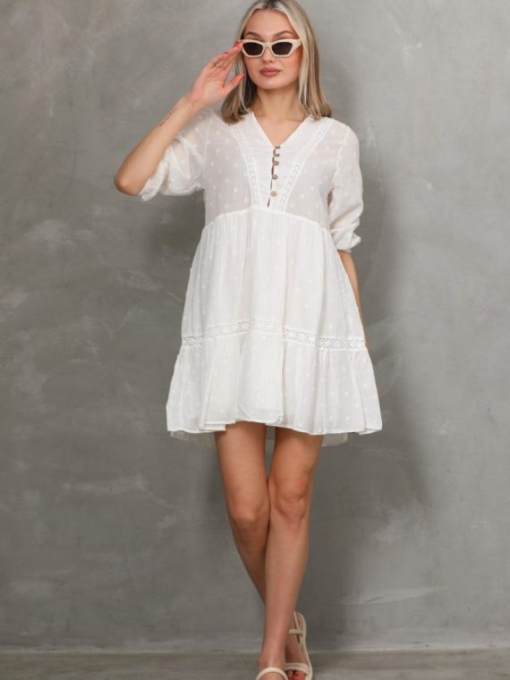 Puantiye Vual Dantel Detaylı Kısa Elbise