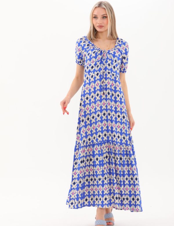 Yakası Büzmeli Uzun Elbise