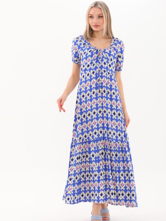 Yakası Büzmeli Uzun Elbise