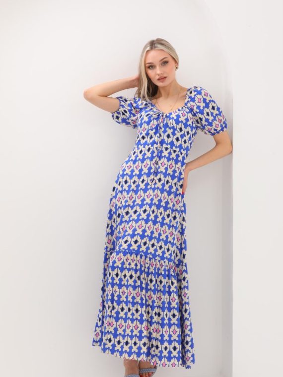 Yakası Büzmeli Uzun Elbise