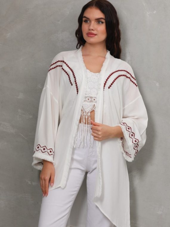 Nakış ve Püskül Detaylı Uzun Kimono