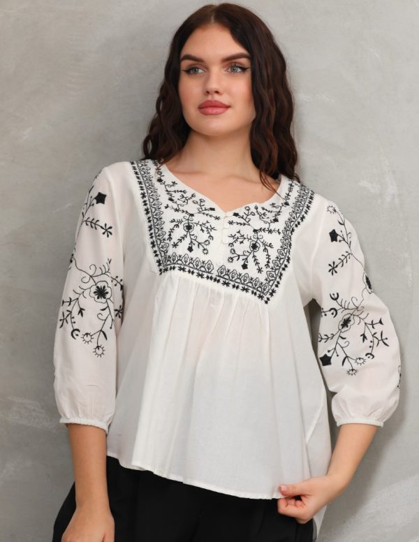 Robası ve Kolları Nakışlı Bluz