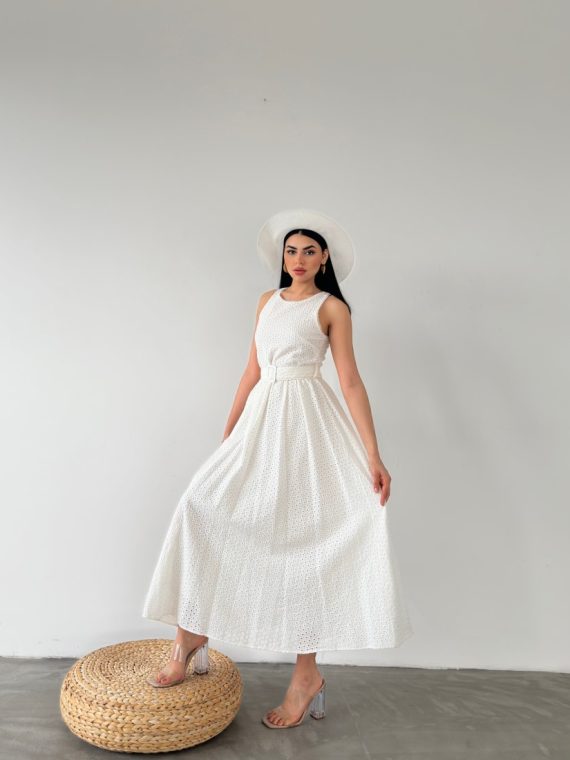 Beli Kemerli Büzgülü Uzun Elbise