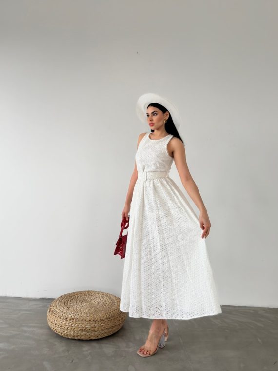 Beli Kemerli Büzgülü Uzun Elbise