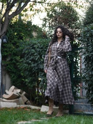 Ekose Detaylı Verev Kloş Etek