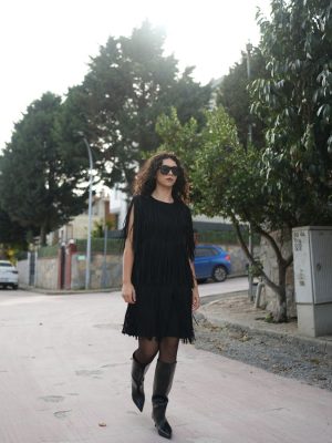 Katlı Saçaklı Süet Elbise