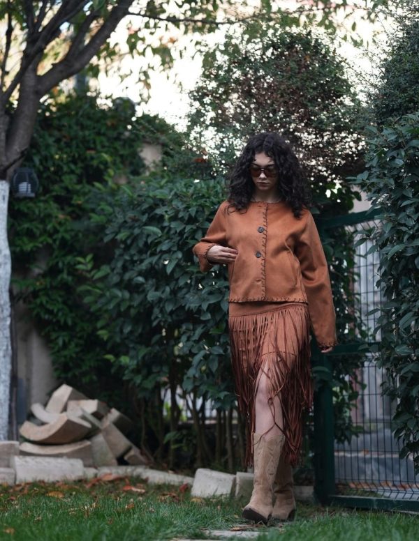 Uzun Saçaklı Süet Etek