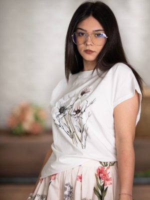 Çiçek Desen Varak Yaldızlı T-Shirt