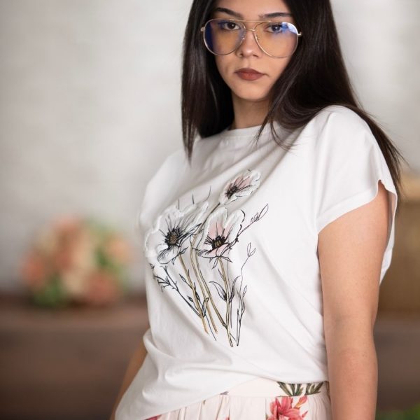 Çiçek Desen Varak Yaldızlı T-Shirt