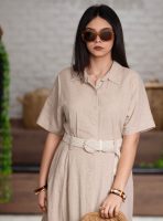 Kemerli Keten Uzun Elbise