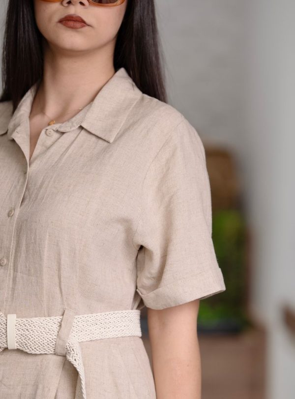 Kemerli Keten Uzun Elbise