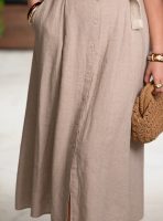 Kemerli Keten Uzun Elbise