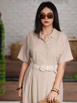 Kemerli Keten Uzun Elbise